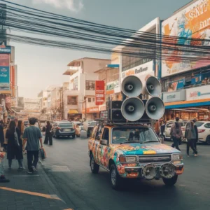 Carro de som fazendo propaganda em área comercial.